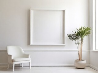 White frame leaning on white shelf in bright interior on empty wall background