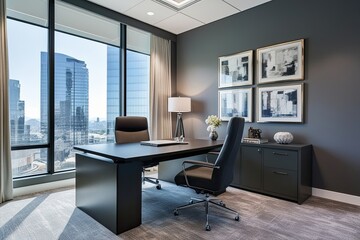 Contemporary Gray Executive Office Design Featuring Desk Table and Chair