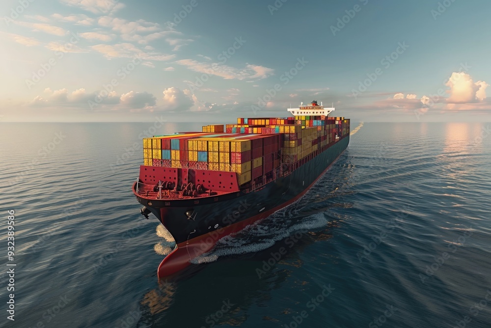 Poster a large container ship sailing through calm waters of the ocean