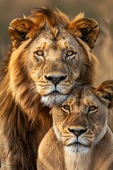 Obraz premium Two lions standing side by side in a natural environment