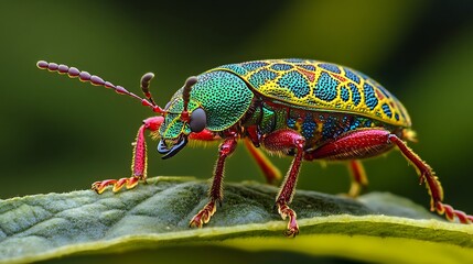 Naklejka premium A vibrant, iridescent beetle with red legs and antennae perches on a green leaf, showcasing its intricate patterns.