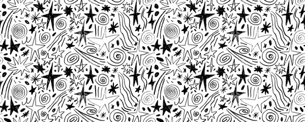 Crayon drawn stars and spirals seamless pattern. Freehand squiggles, dots, sparkles, doodle space motif.