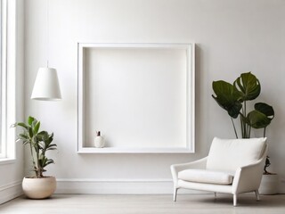 Fototapeta premium White frame leaning on white shelf in bright interior on empty wall background