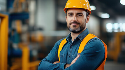 Fototapeta premium Portrait of a confident male construction worker with a safety helmet in an industrial factory setting.