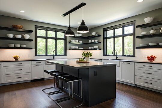 Welcoming Kitchen Design Featuring Modern Island Customized Shelving and Bright Sunlit Windows