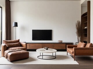 White wall mounted tv on cabinet in living room with leather sofa and minimal design