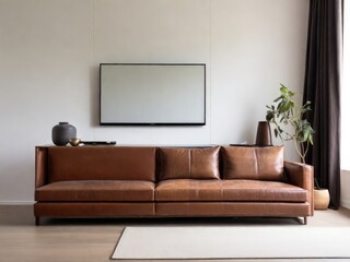 White wall mounted tv on cabinet in living room with leather sofa and minimal design