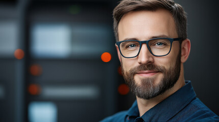 Obraz premium Portrait of a confident IT professional with glasses and a beard, standing in a modern server room with blurred background.