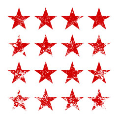 Red vintage stars with cracks and stains. Old hand-drawn sign, black simple shape. Retro design element with distressed effect, grunge texture. Vector illustration