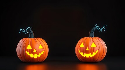 Two glowing Halloween pumpkins with cheerful expressions, perfect for festive decorations and seasonal celebrations.