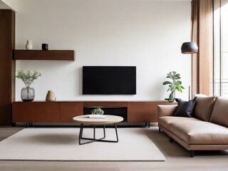 Fototapeta premium White wall mounted tv on cabinet in living room with leather sofa and minimal design