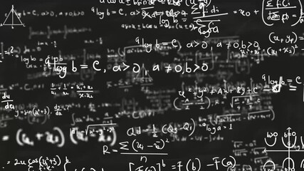 Animation of mathematical and physics formulas, background illustration of scientific formulas with a camera moving forward. - Powered by Adobe