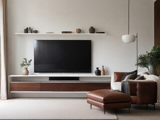 White wall mounted tv on cabinet in living room with leather sofa and minimal design