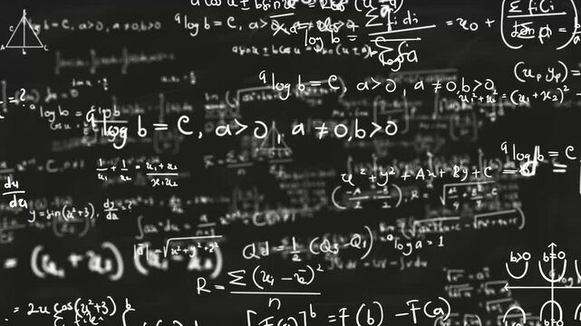 Animation of mathematical and physics formulas, background illustration of scientific formulas with a camera moving forward.