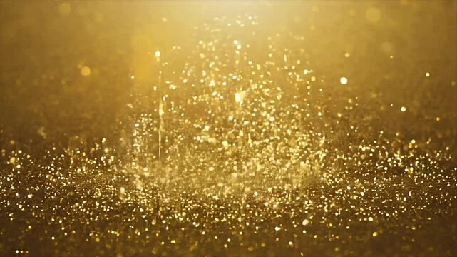 Golden particles cascading down in shimmering glittering display, creating luxurious and festive atmosphere. Gold texture background
