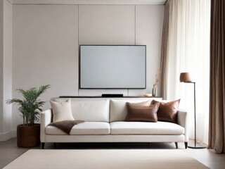 White wall mounted tv on cabinet in living room with leather sofa and minimal design