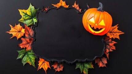 Festive Halloween frame featuring a playful pumpkin and colorful autumn leaves on a dark background.