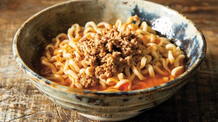 Savory bowl of Zhajiangmian noodles topped with spicy flavorful minced pork