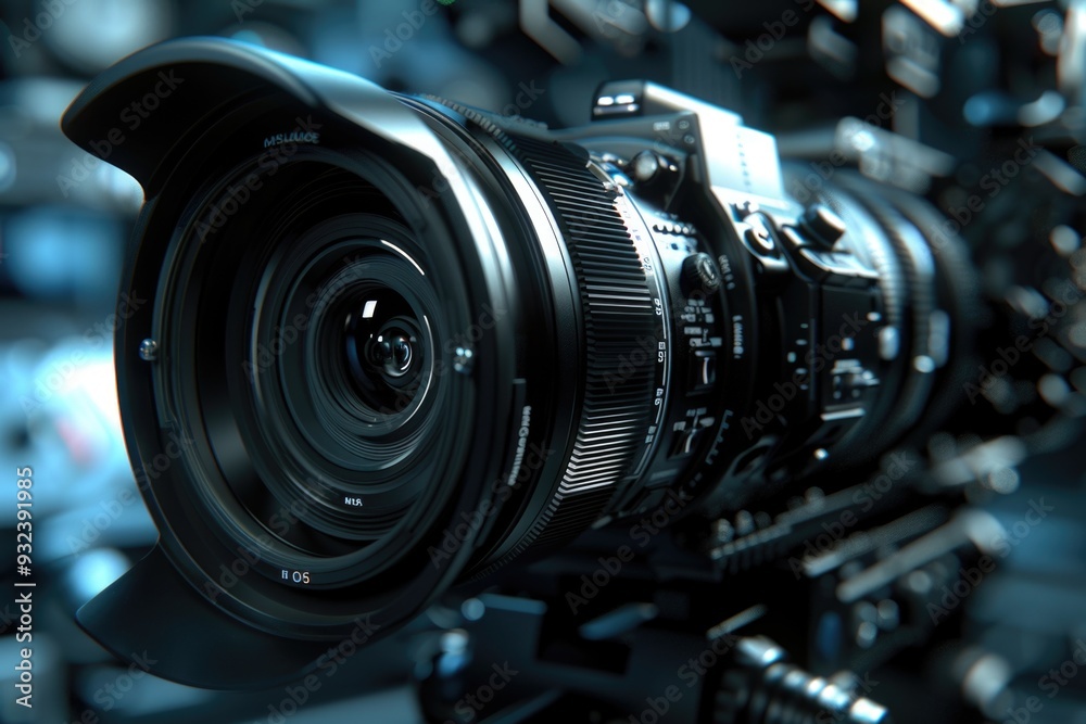 Poster close-up shot of a camera lens mounted on a tripod, ready for use