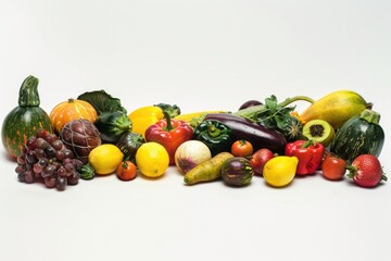 A selection of fruits and vegetables arranged on a white surface