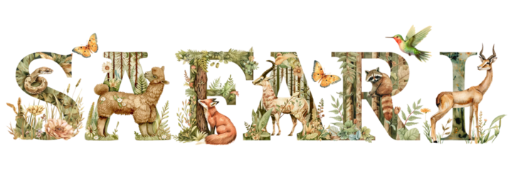 Safari word sticker png element, editable botanical animal font design
