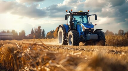 Obraz premium A blue tractor plows through a green field on a sunny day