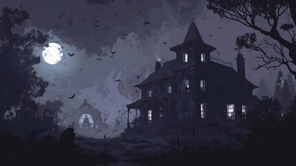 A spooky, dark silhouette of a house with a large moon in the sky, bats flying and trees surrounding the house.