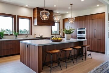 Elegant Modern Kitchen Design Featuring Wooden Island and Stylish Stools
