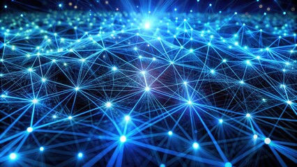 Obraz premium Intricate glowing blue digital threads weave together in a mesmerizing pattern, representing connection, networking, and innovative technology in a futuristic abstract concept.