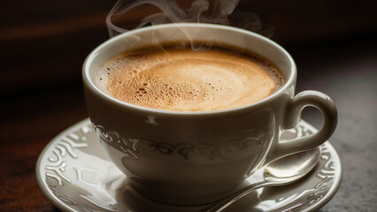 A cup of coffee with steam coming out on a saucer, AI