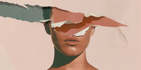 A minimalist illustration where the main subject is partially obscured by torn paper overlays,