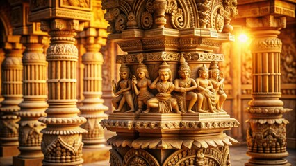 Fototapeta premium Intricately carved ancient Indian temple pillar with ornate designs, mythical creatures, and sacred symbols, set against a warm golden background with subtle shadows.
