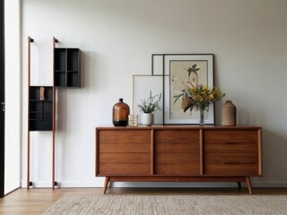 Wooden cabinet and accessories decor in living room interior on empty white wall background