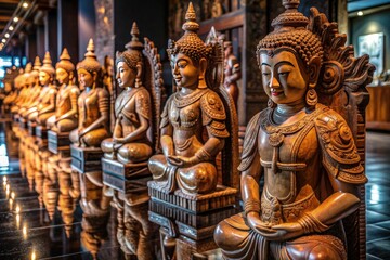 Fototapeta premium Intricately carved wooden statues with exquisite details are beautifully displayed on a dark floor, showcasing reflections and adding to their elegance in a serene atmosphere.