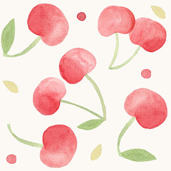 Seamless pattern with sweet cherry. Hand-drawn fruits. Cute watercolor illustration in a childish style. Texture of paint, white neutral background. Minimalistic design for nursery or textile. 