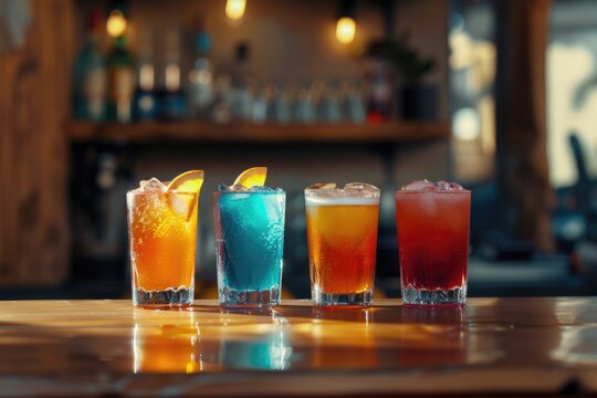 A row of four differently colored drinks on a counter or bar, perfect for a party or gathering