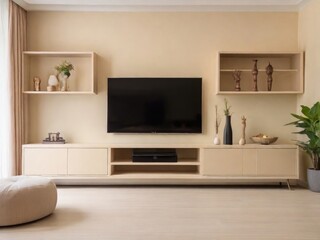 Cabinet for TV on the cream color wall in living room,minimal design