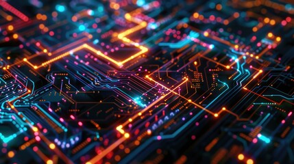 Fototapeta premium Close-up view of a computer circuit board with intricate electronics and wires