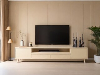 Cabinet for TV on the cream color wall in living room,minimal design