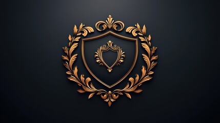 Obraz premium Golden Shield with Floral Frame on Black Background