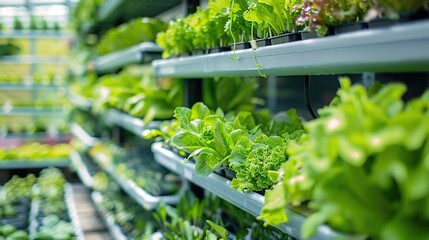 A vibrant greenhouse filled with various types of leafy greens and plants on shelves.