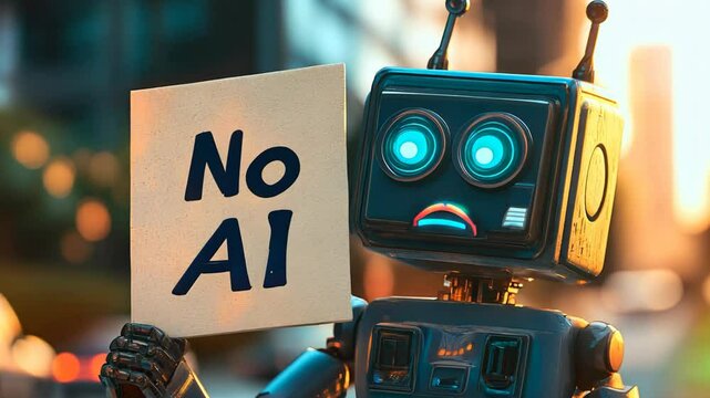 funny meme of AI, old style vintage robot holding sign " NO AI"
