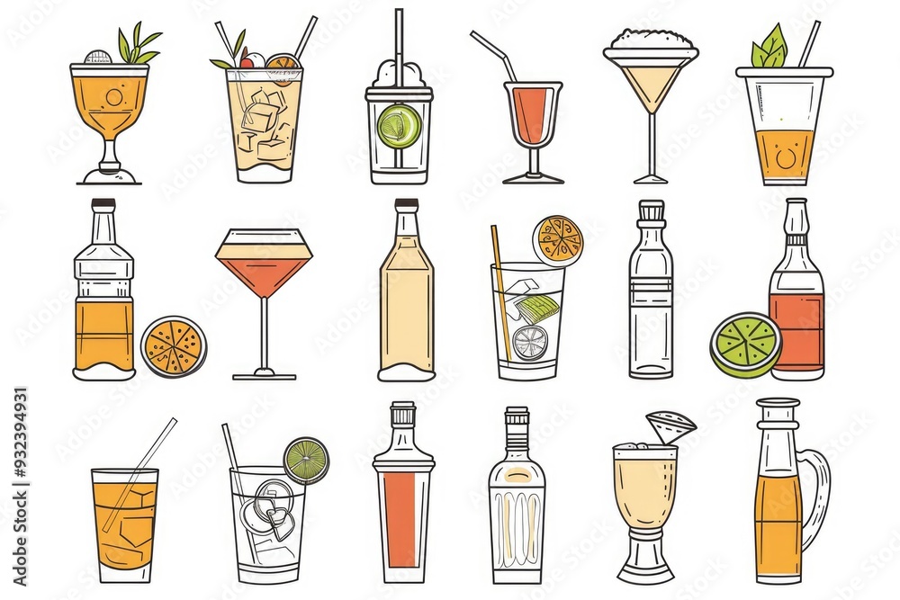 Poster image of various bottles and glasses with different types of alcohol, useful for backgrounds or prod