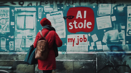 Fototapeta premium Street graffiti saying 'AI stole my job' in urban setting.