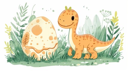 Naklejka premium A cartoon dinosaur is walking over a baby dinosaur egg
