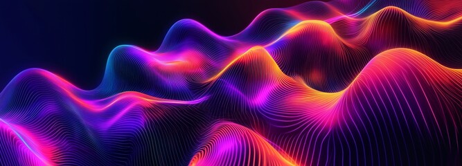 Obraz premium Vibrant dynamic abstract energetic flow of wavy color patterns representing stylish digital technology energy waves on a black background. Generative AI