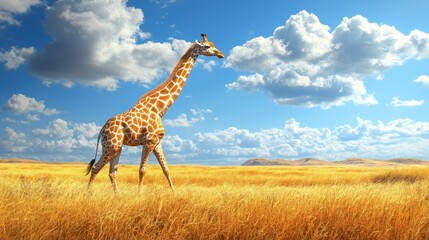 Obraz premium Giraffe Walking Through Golden Grassland Under Blue Sky with Clouds