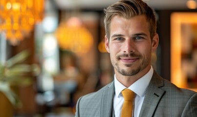 Fototapeta premium Stylish Man in a Suit and Tie Standing in Front of a Hotel