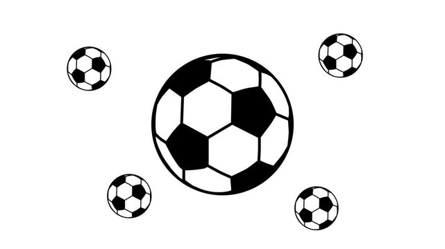 Zoom in and out animation the football symbol. Large black symbol in the center and four small symbols around. Seamless looped 4k animation on white background