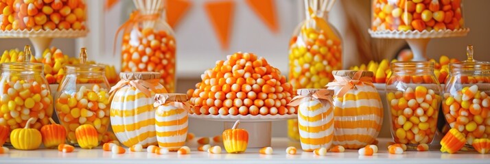 Halloween Party Candy Corn Display in Yellow, Orange, and White